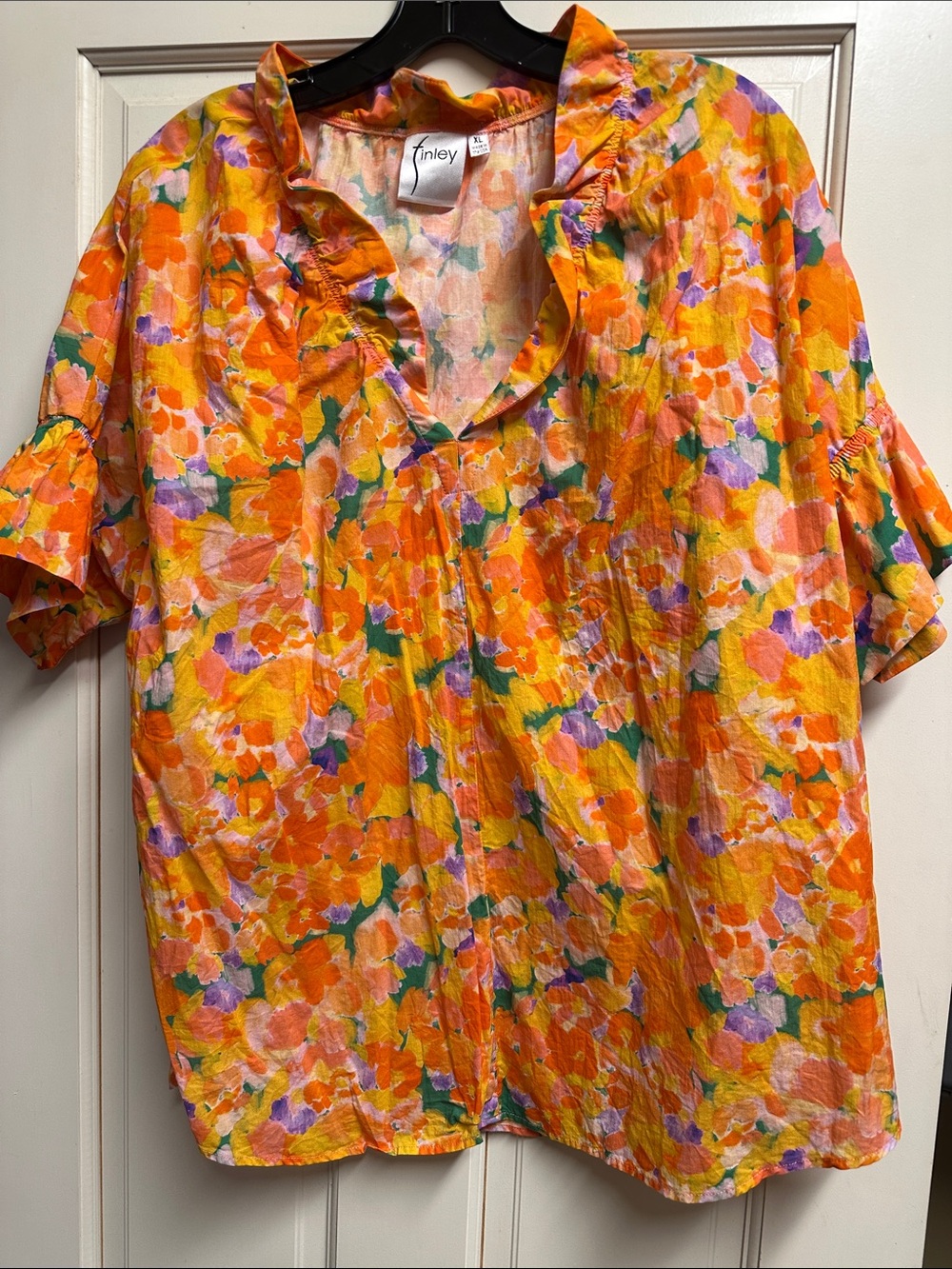 Finley Bright Orange Floral Ruffle V-Neck Blouse